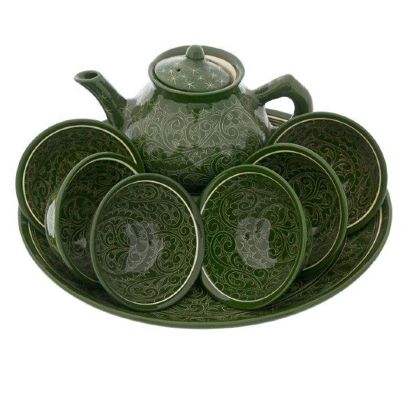 Набор чайный, риштанская роспись, 9 предметов, зелёный: чайник 0.8 л, пиалы 0.5 и 0.3 л 