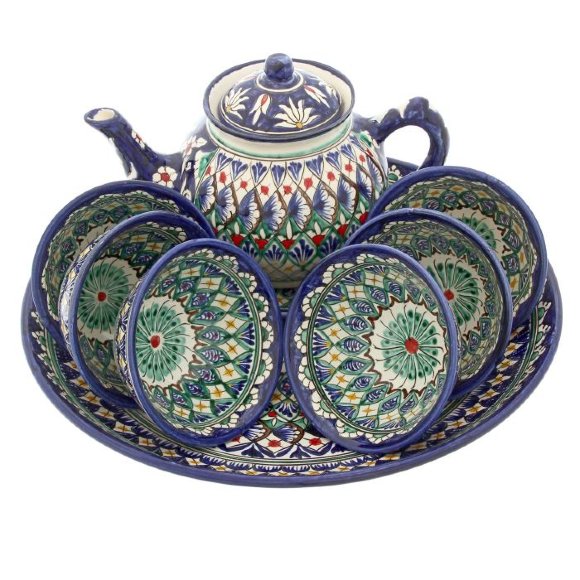 Набор чайный синий, 9 предметов (чайник-1,пиалы-6, сахарница-1, ляган-1) 